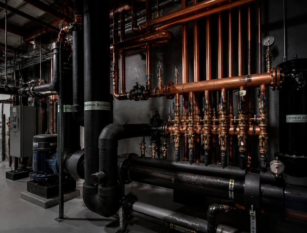Commercial mechanical room with copper and steel plumbing pipework in a Niagara Falls building